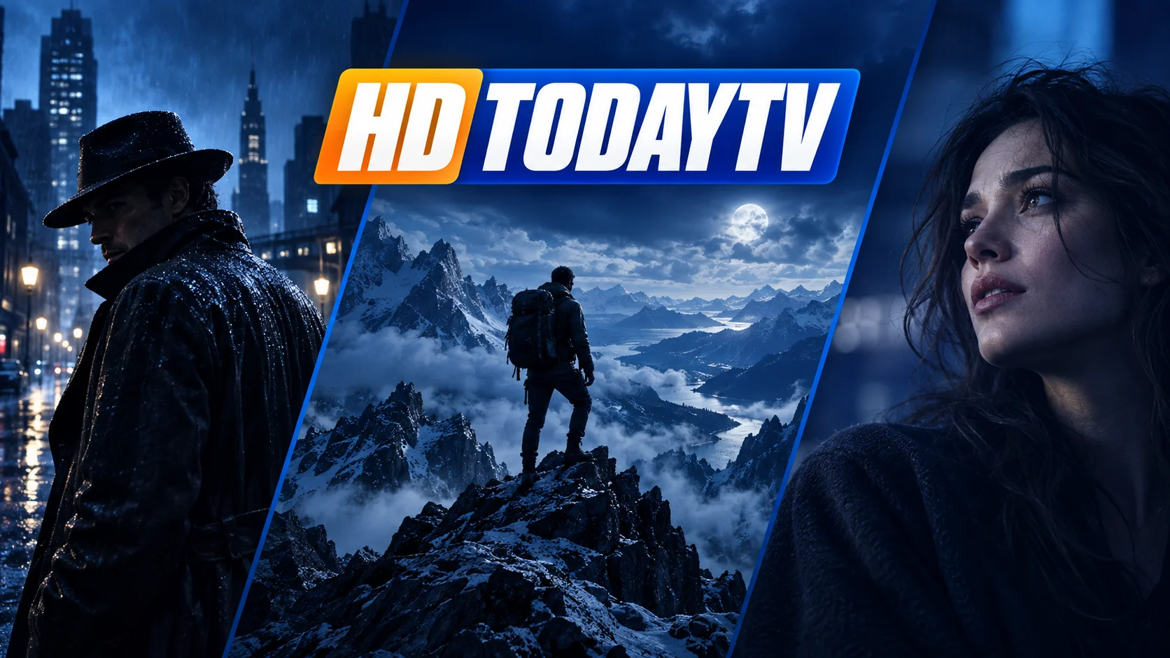 HDTodayTV orange-and-blue wordmark over original blue-toned adventure and drama artwork